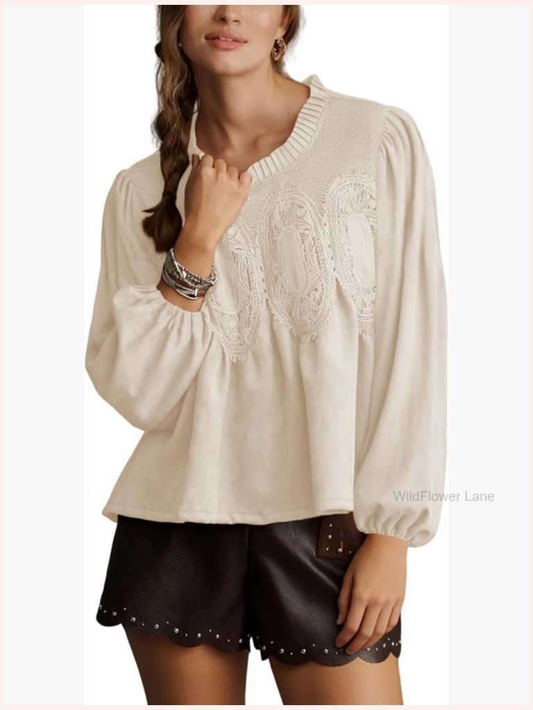 Lace-Detail Suede Flared Blouse Long Sleeve Crew Neck Swing Babydoll Top